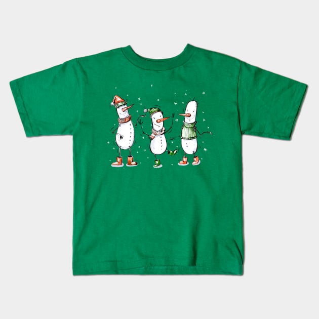 Three Cartoon Snowmen Kids T-Shirt by susannefloe